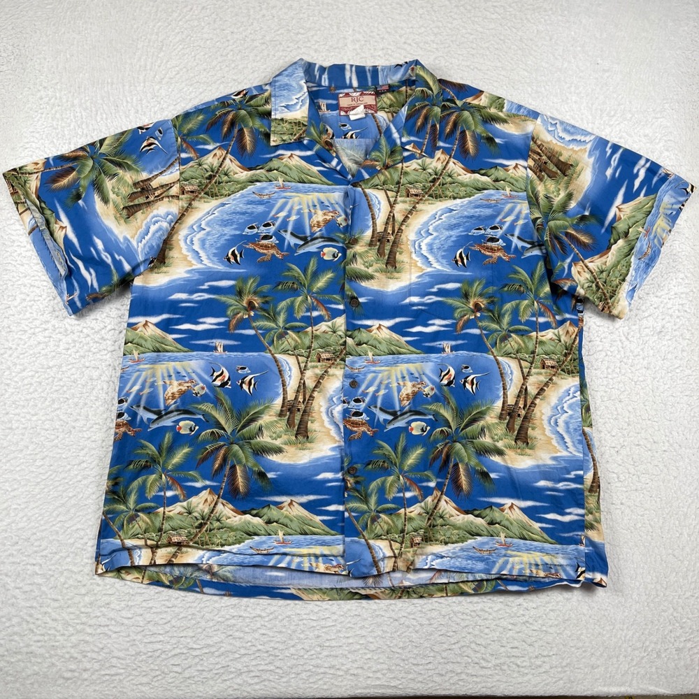 RJC Hawaiian Shirt Mens 4XL Blue Tropical Sea Turtle Dolphin Aloha Beach USA